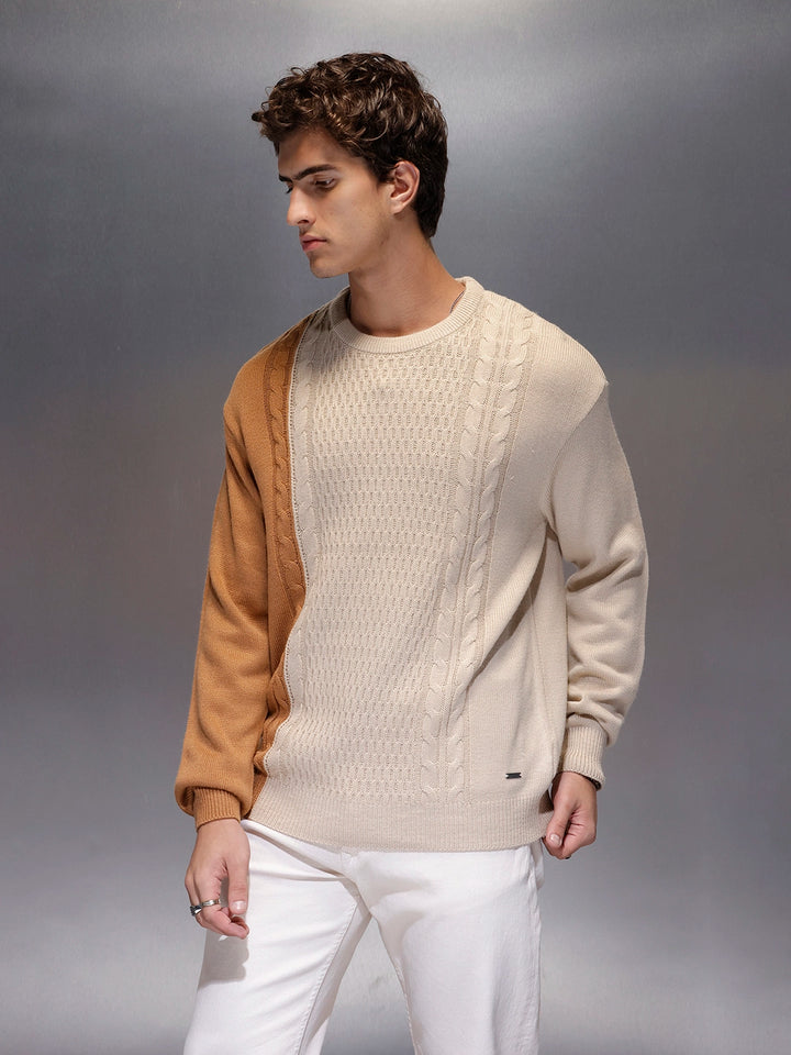 Men's Slim Fit Cable Knit Colorblocked Sweater  |  White