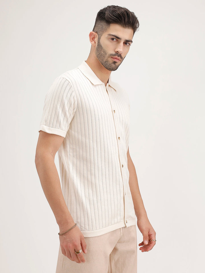 Slim Fit Textured Half Sleeve Shirt | Off White