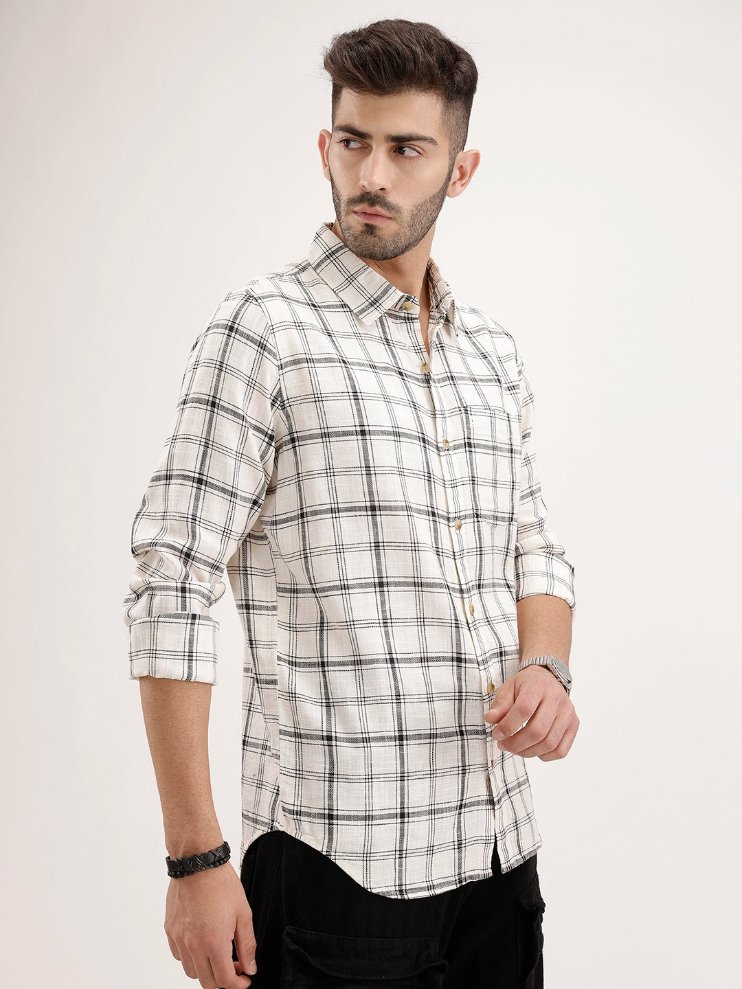 Regular Fit Textured Checkered Shirt | Off White
