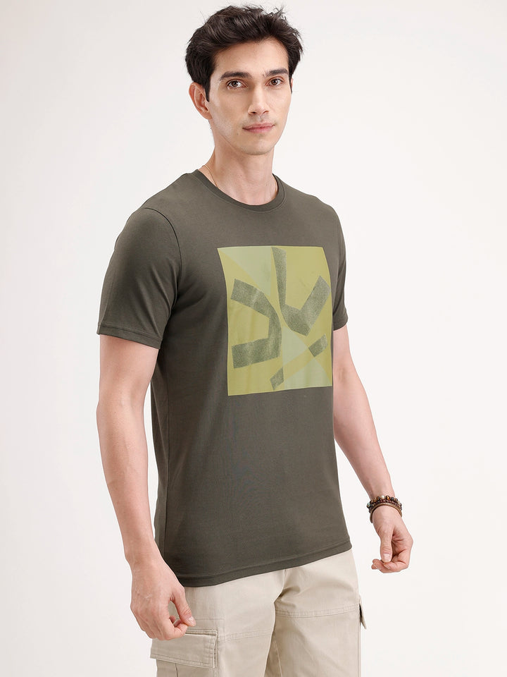 Slim Fit Flock Printed T-Shirt | Olive