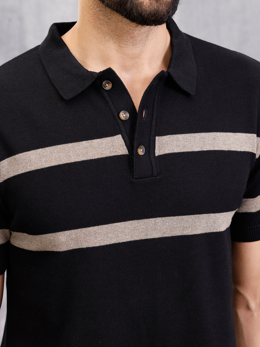 Flat Knit Striped Pattern Polo T-Shirt | Black