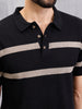 Flat Knit Striped Pattern Polo T-Shirt | Black