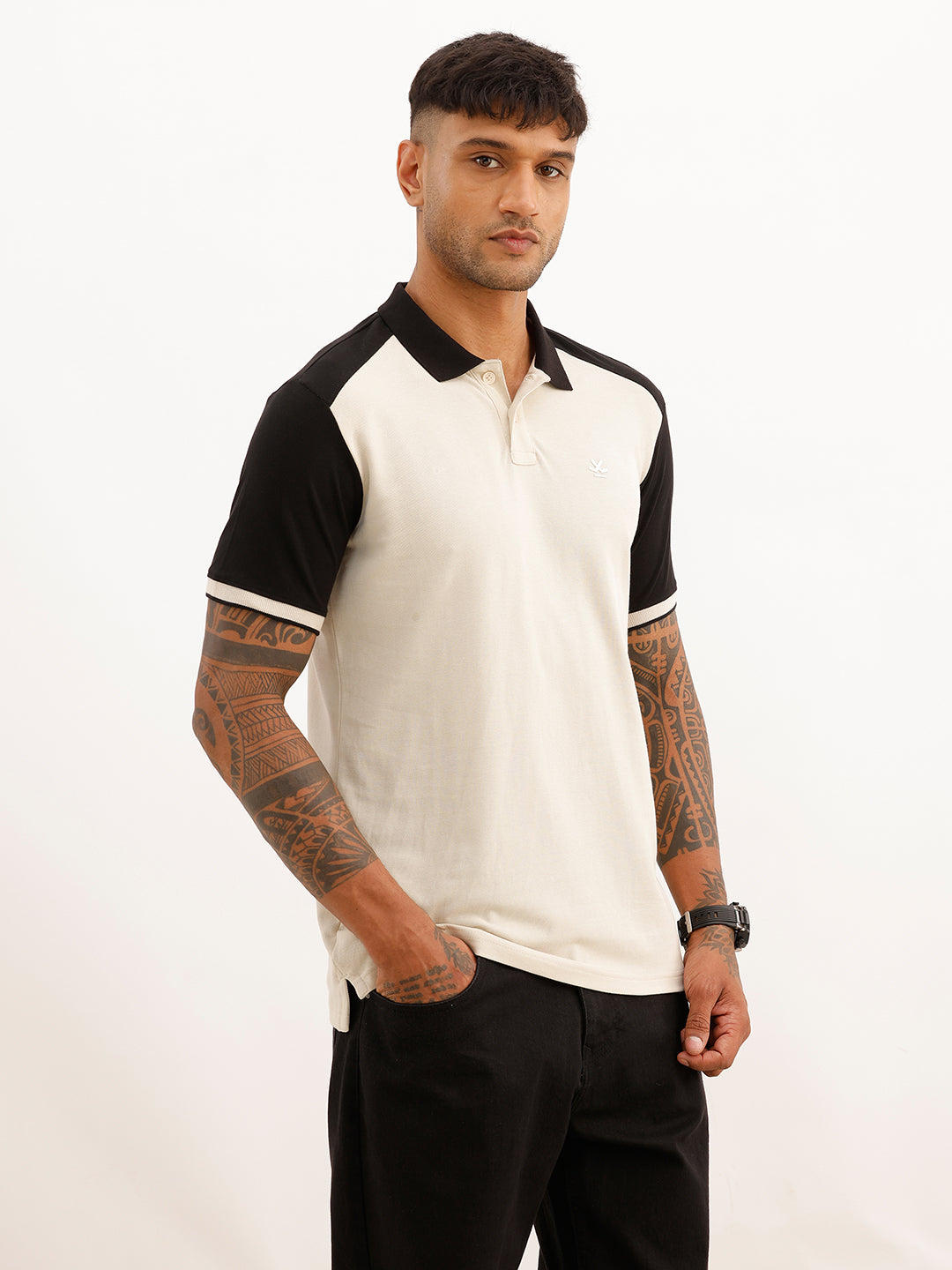 Classic Regular Fit Contrast Sleeve Polo T-Shirt | Beige