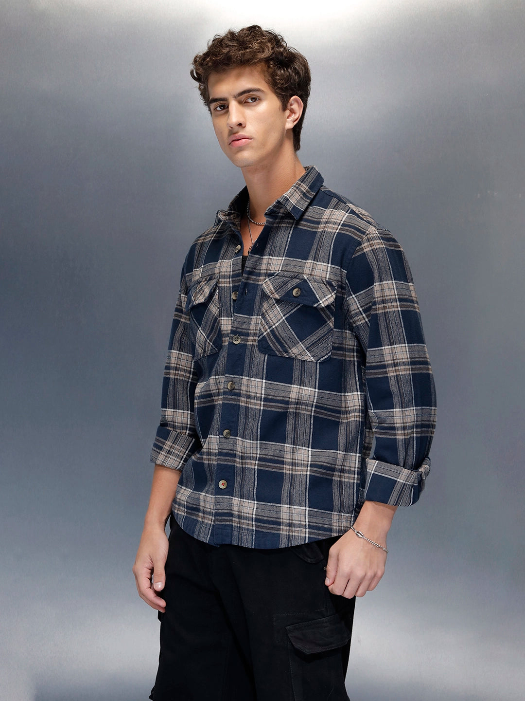 Men's casual checkered pattern regualr fit shacket | Navy Blue – Wrogn