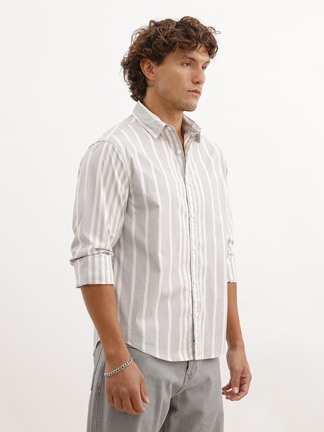 Comfort Fit Full Sleeve Striped Shirt | Grey