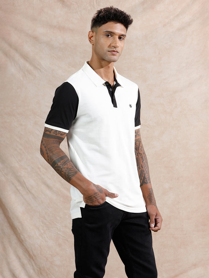 Colour Blocked Polo T-Shirt | White & Black