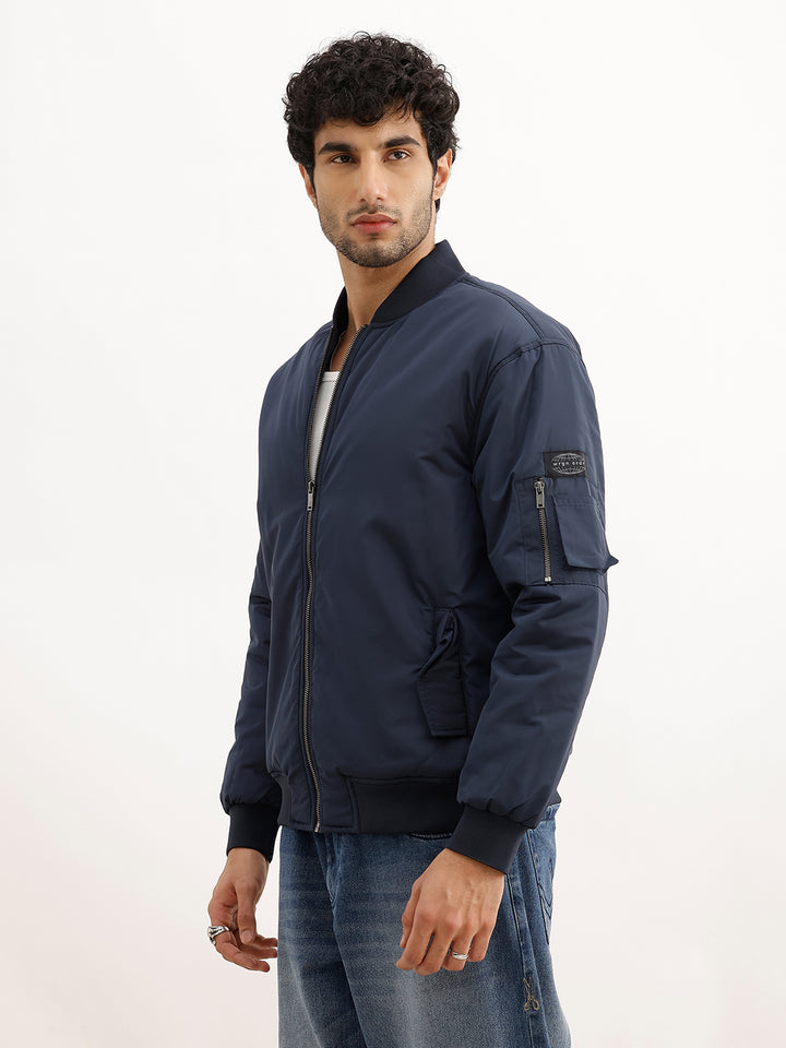 Solid Comfort Fit Puffer Bomber Jacket | Blue