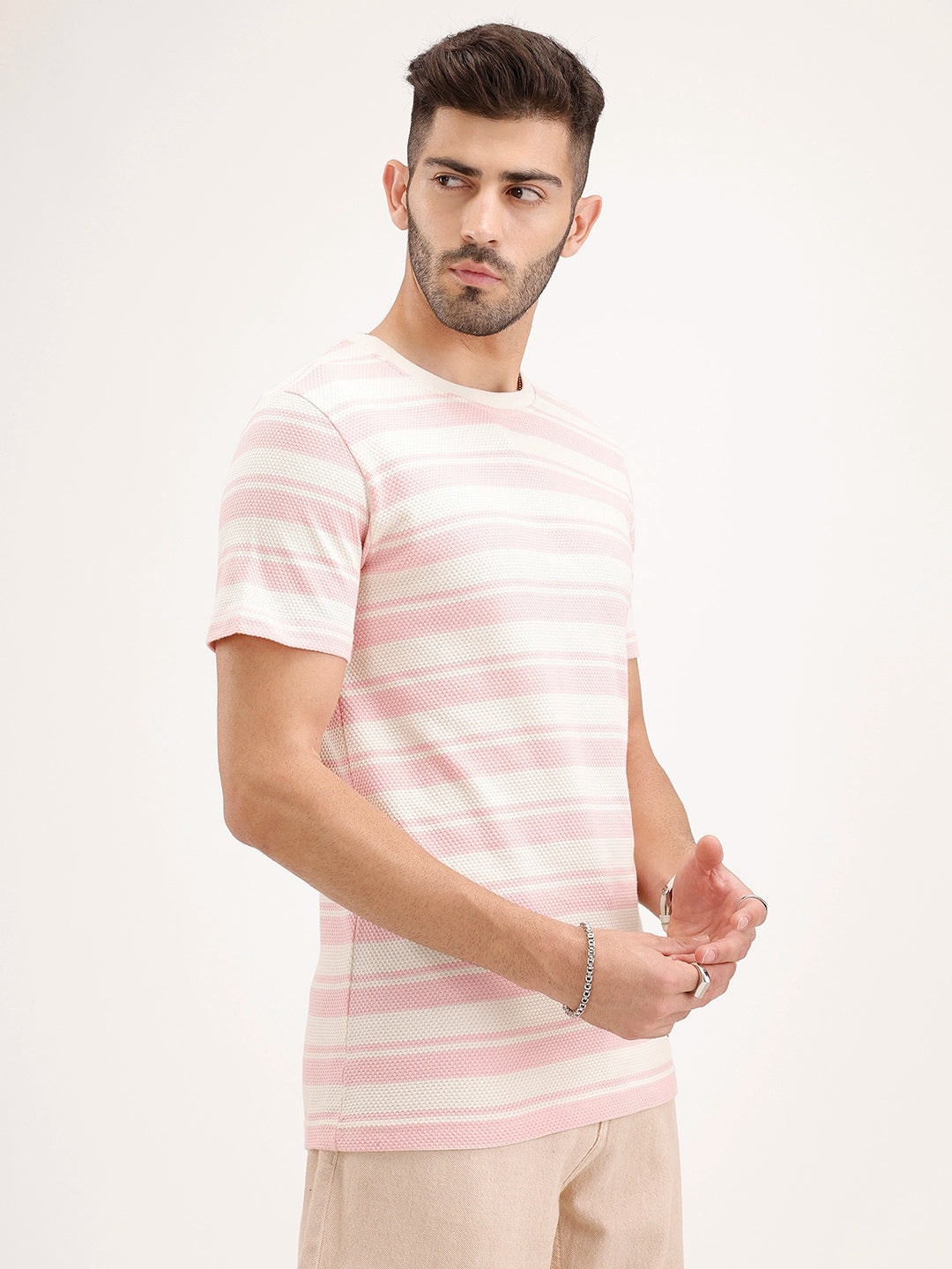 Slim Fit Popcorn Textured Striped T-Shirt | Pink