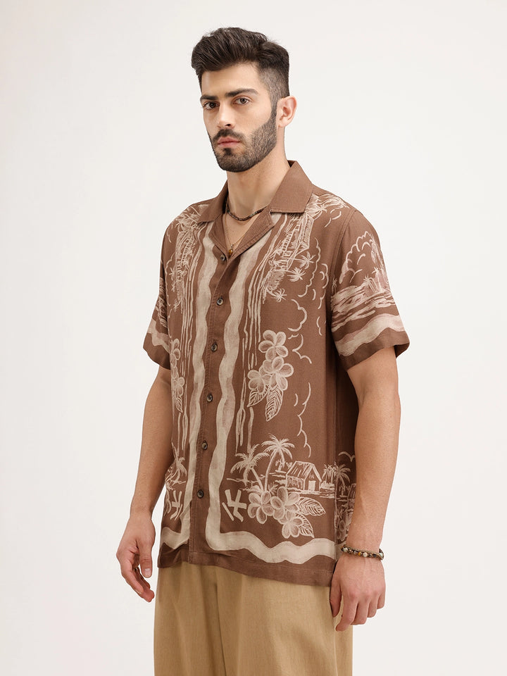 Resort Collar Slim Fit Printed Shirt | Brown