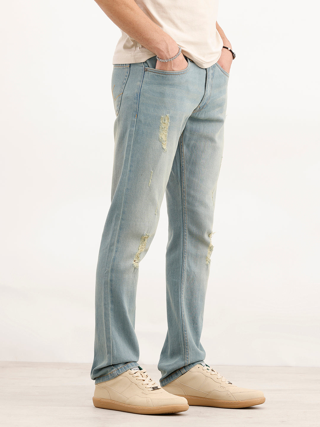 Faded Slim Fit Distressed Denim Jeans | Light Blue