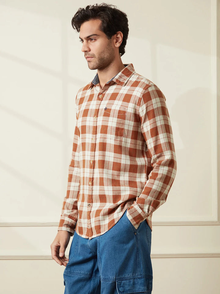 Checked Herringbone Slim Fit Shirt | Brown
