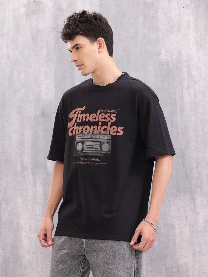 Retro Graphic Printed Oversized Fit Tshirt | Black