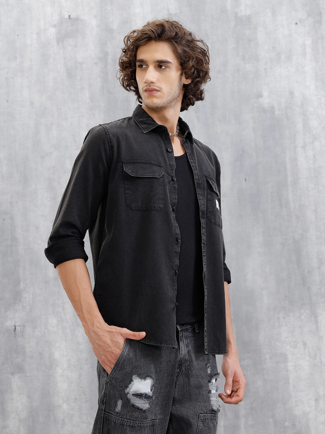Double Pocket Overdyed Shirt | Black