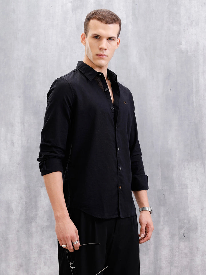 Solid Linen Blend Shirt | Black