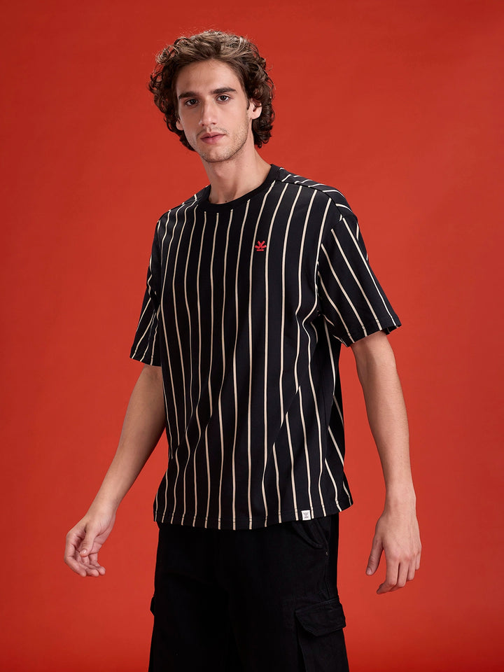 Striped Oversized Fit T-shirt With Puff Print | Black
