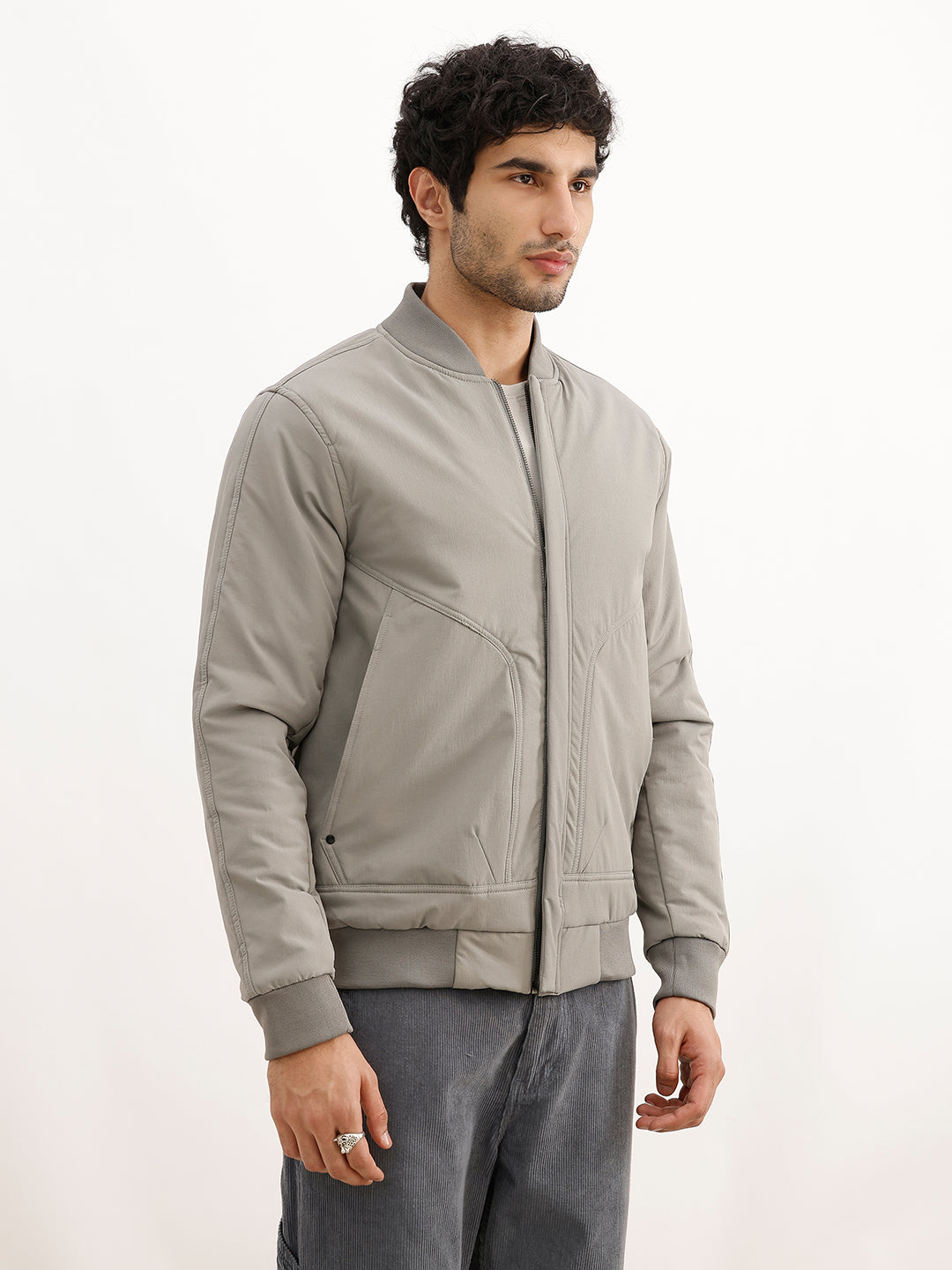 Solid Regular Fit Bomber Jacket | Grey