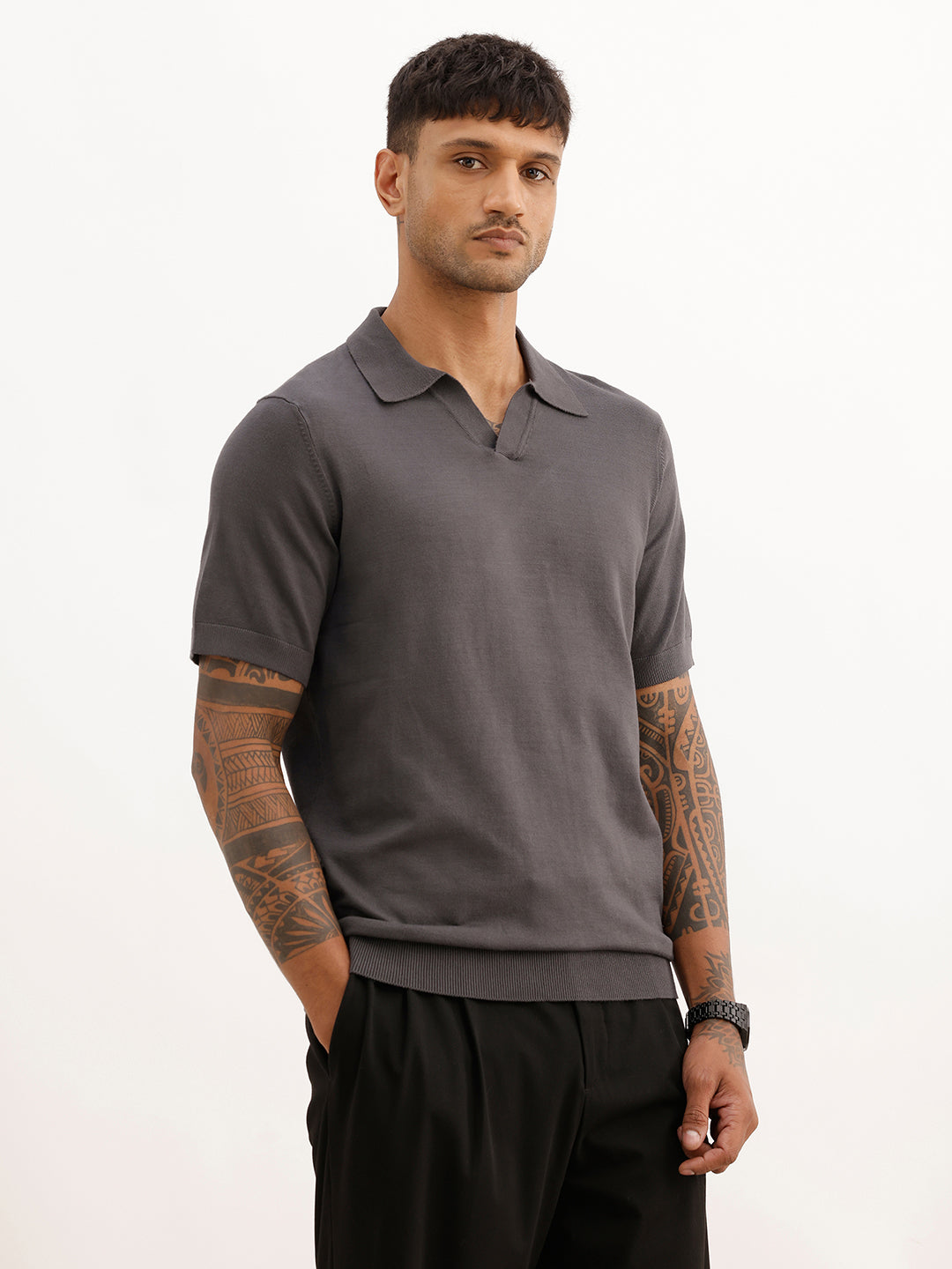 Solid Slim Fit Flatknit Polo T-Shirt | Dark Grey | WPT02HSSL1623S