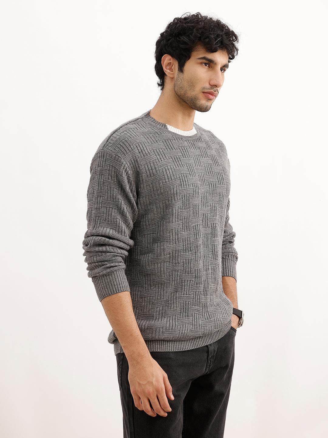 Solid Regular Fit Knitted Sweater | Grey