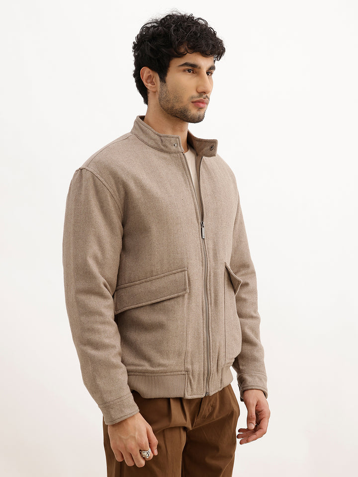 Solid Comfort Fit Double Pocket Jacket | Brown