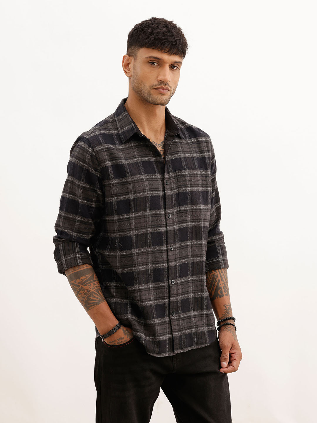 Checkered Slim Fit Full Sleeve Shirt | Black