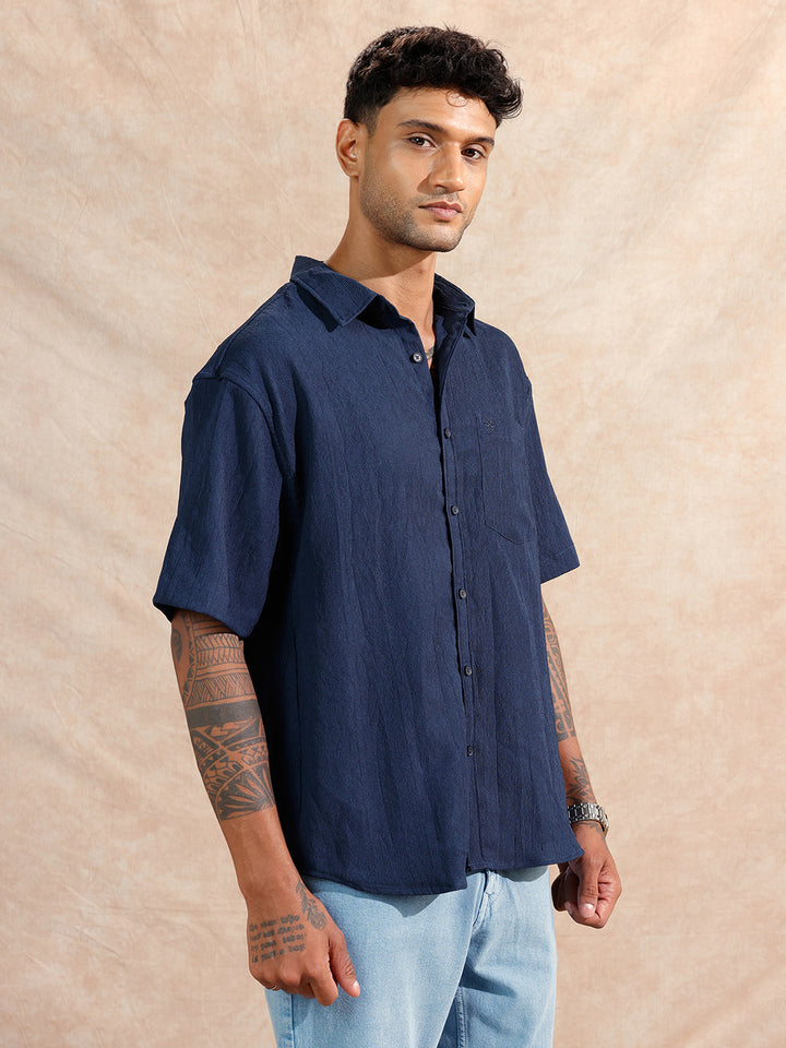 Classic Textured Short Sleeve Shirt  | Navy Blue