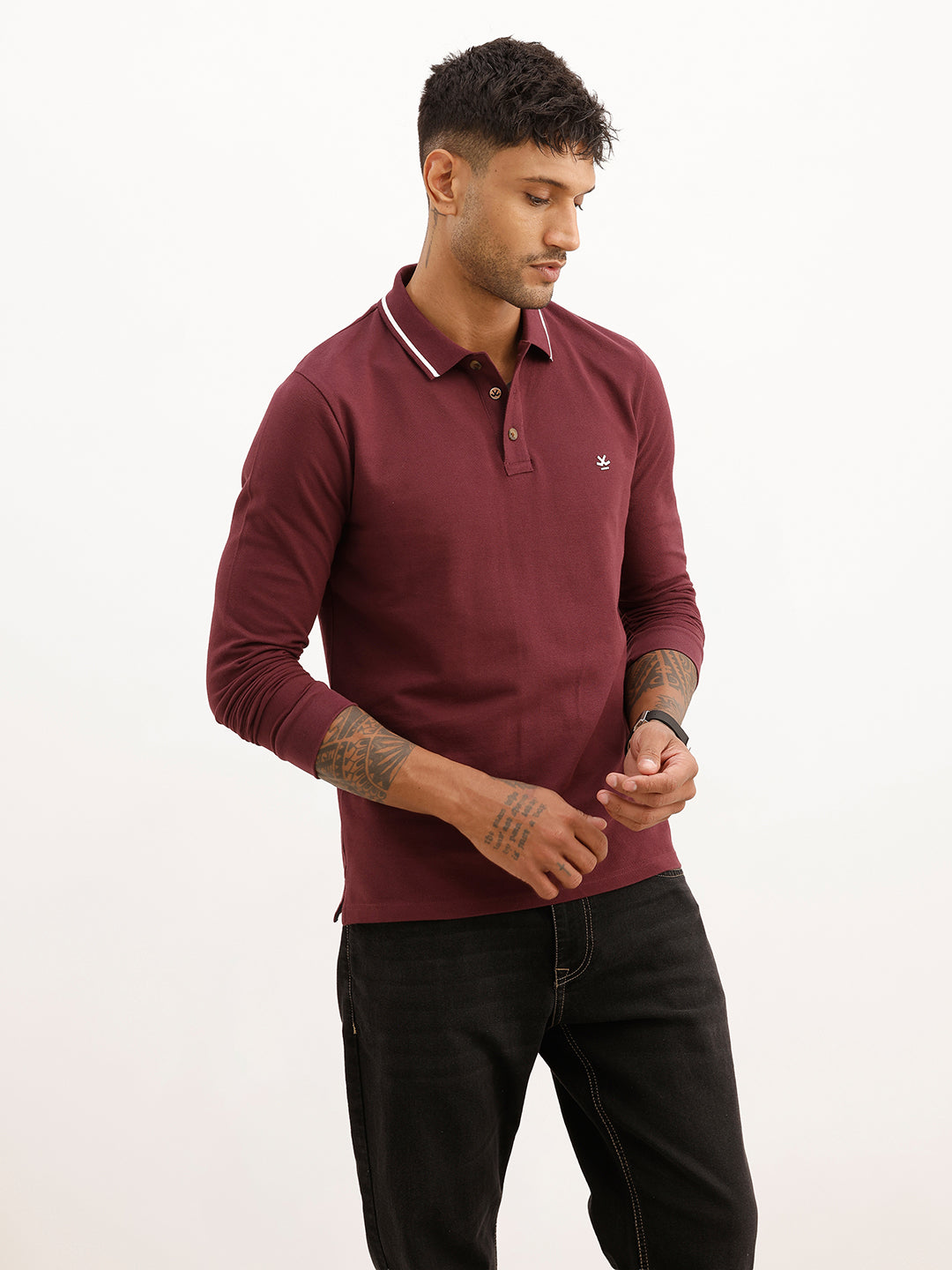 Slim Fit Full Sleeve Tipping Collar Polo T-Shirt | Maroon | WKTS3323