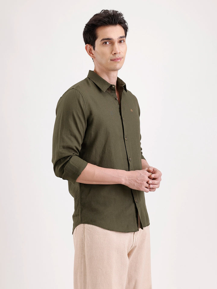Solid Slim Fit Linen Blend Shirt  | Olive