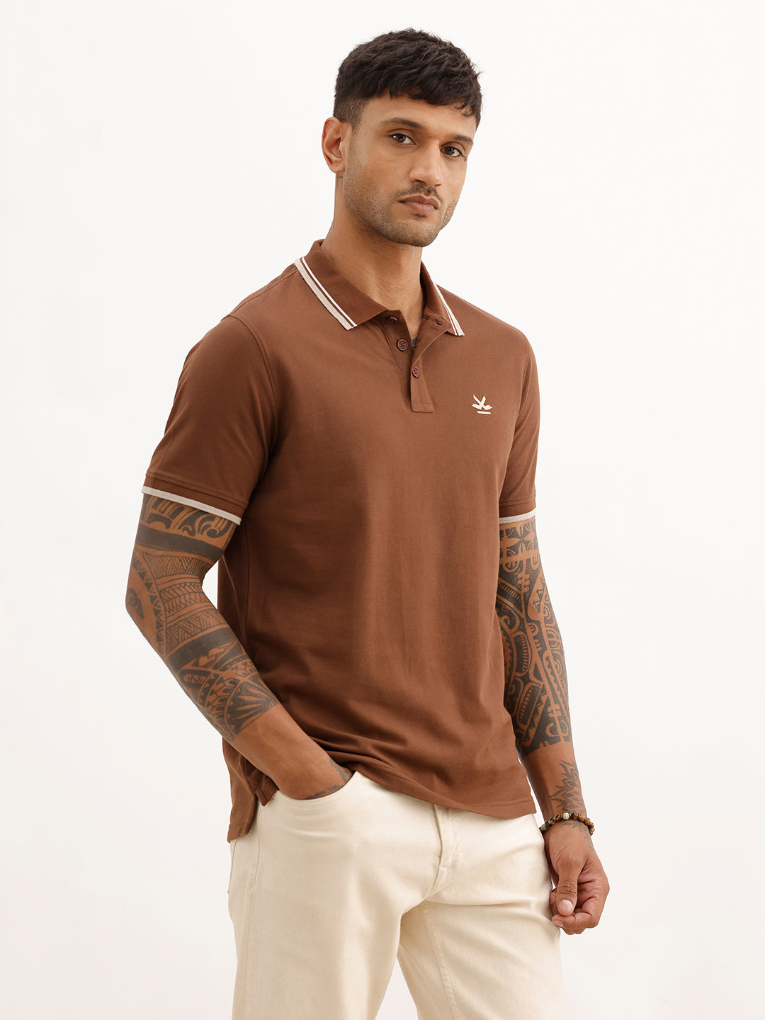 Solid Tipping Collar Polo T-Shirt | Brown | WWTS353F