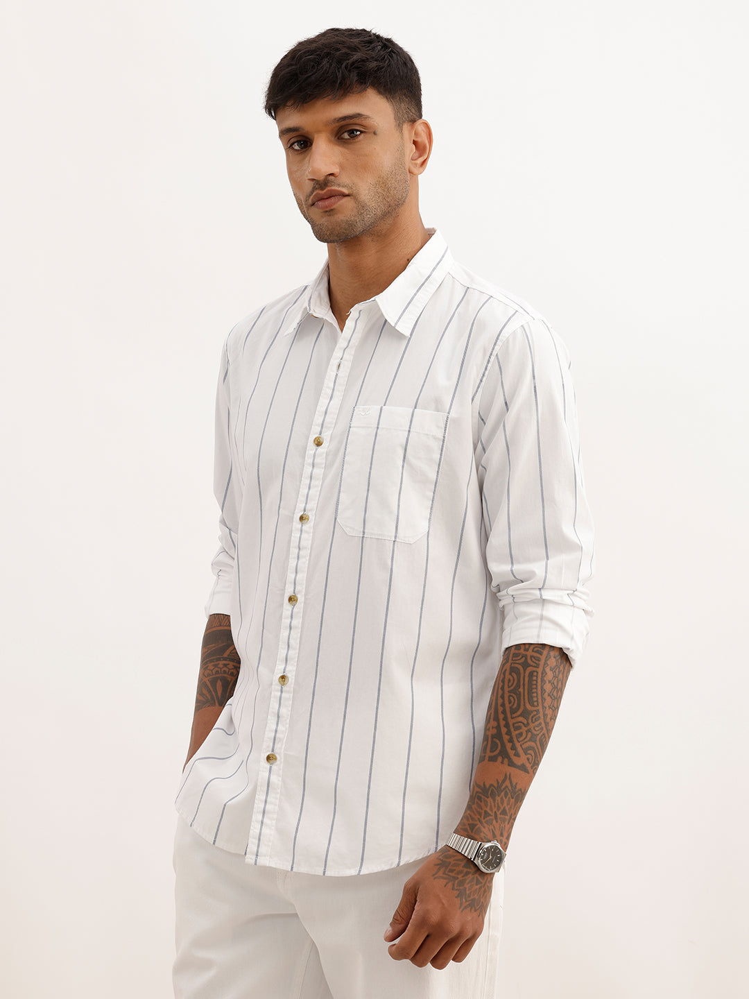 Regular Fit Striped Full Sleeve Shirt | White
