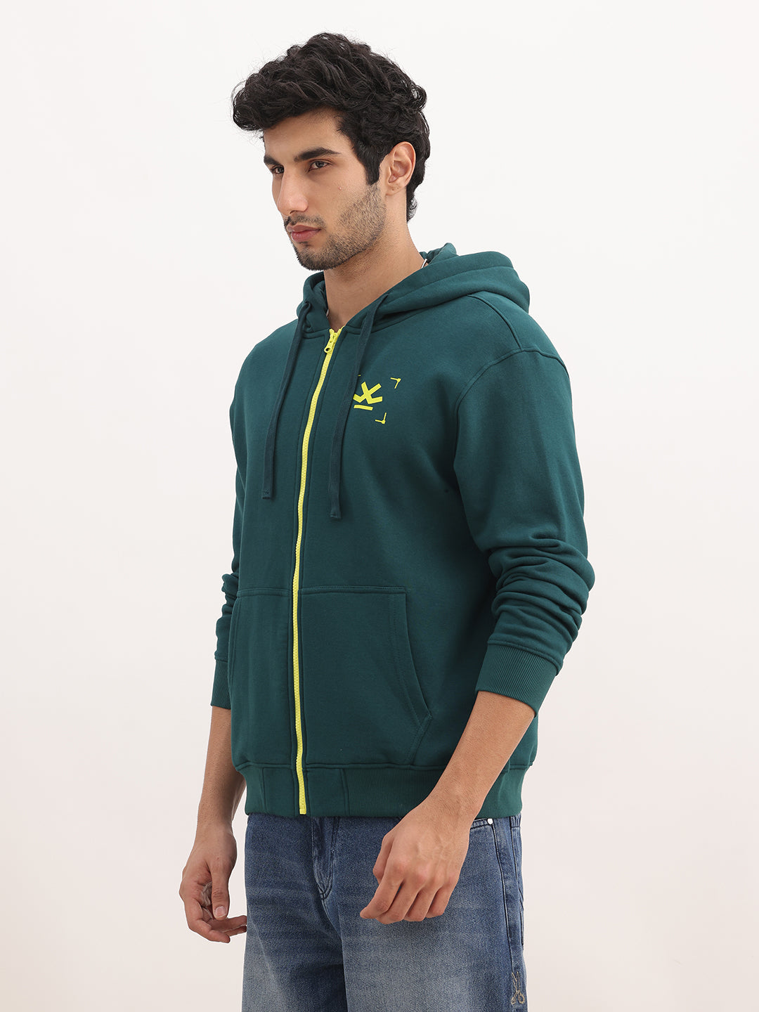 Solid Contrast Zipper Hooded Sweatshirt | Dark Green
