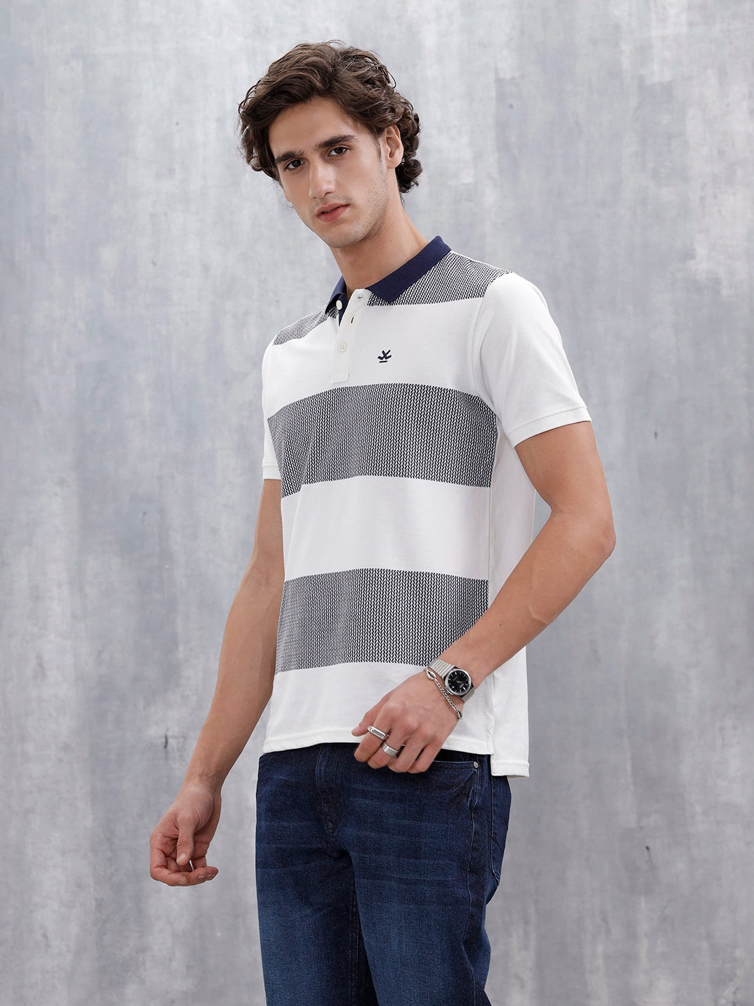 Regualr Fit Striped Printed Polo Tshirt | White