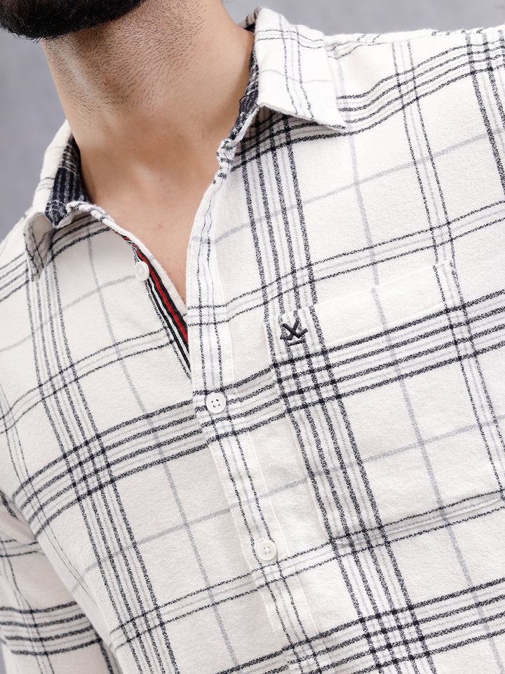 Soft Hand Brushed Check Shirt In Crepe Yarn | White