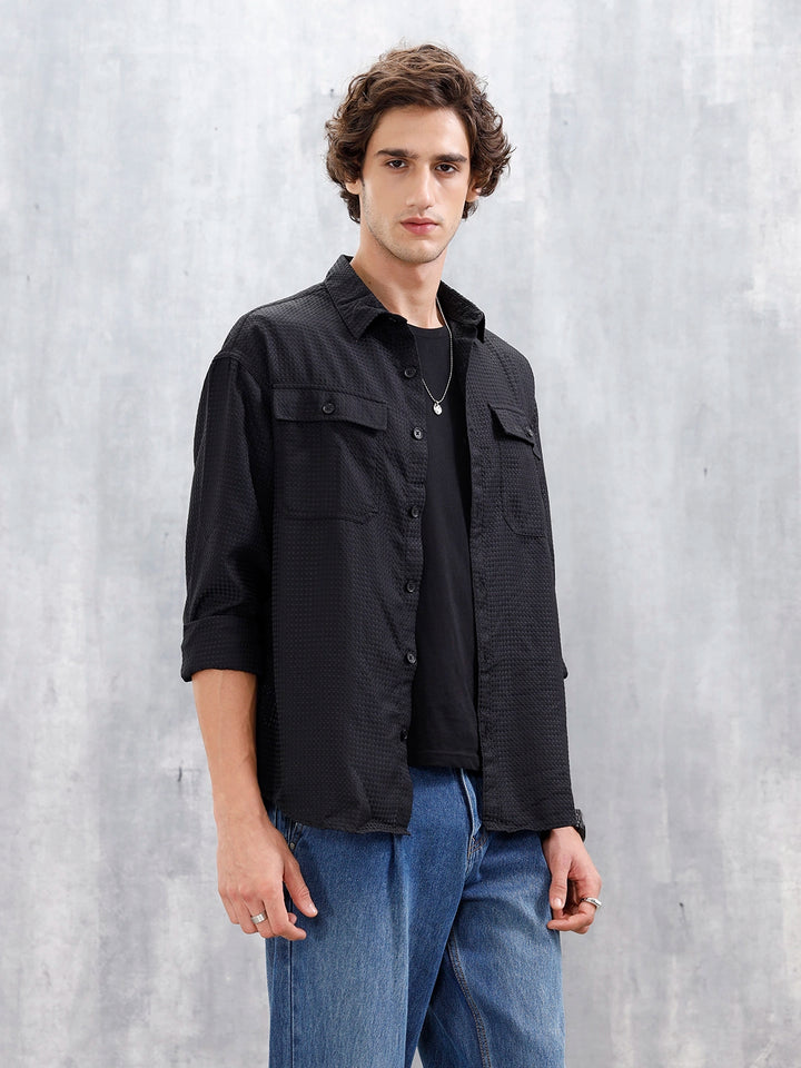 Wrogn Oversized Double Pocket Textured Shirt For Men's | Black