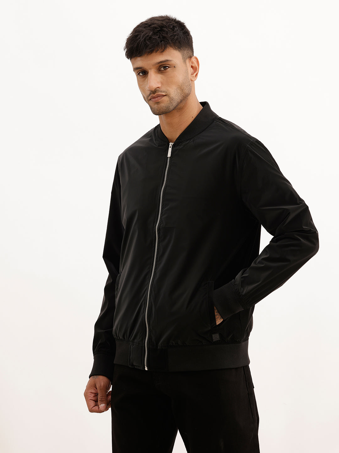 Solid Regular Fit Bomber Jacket | Black