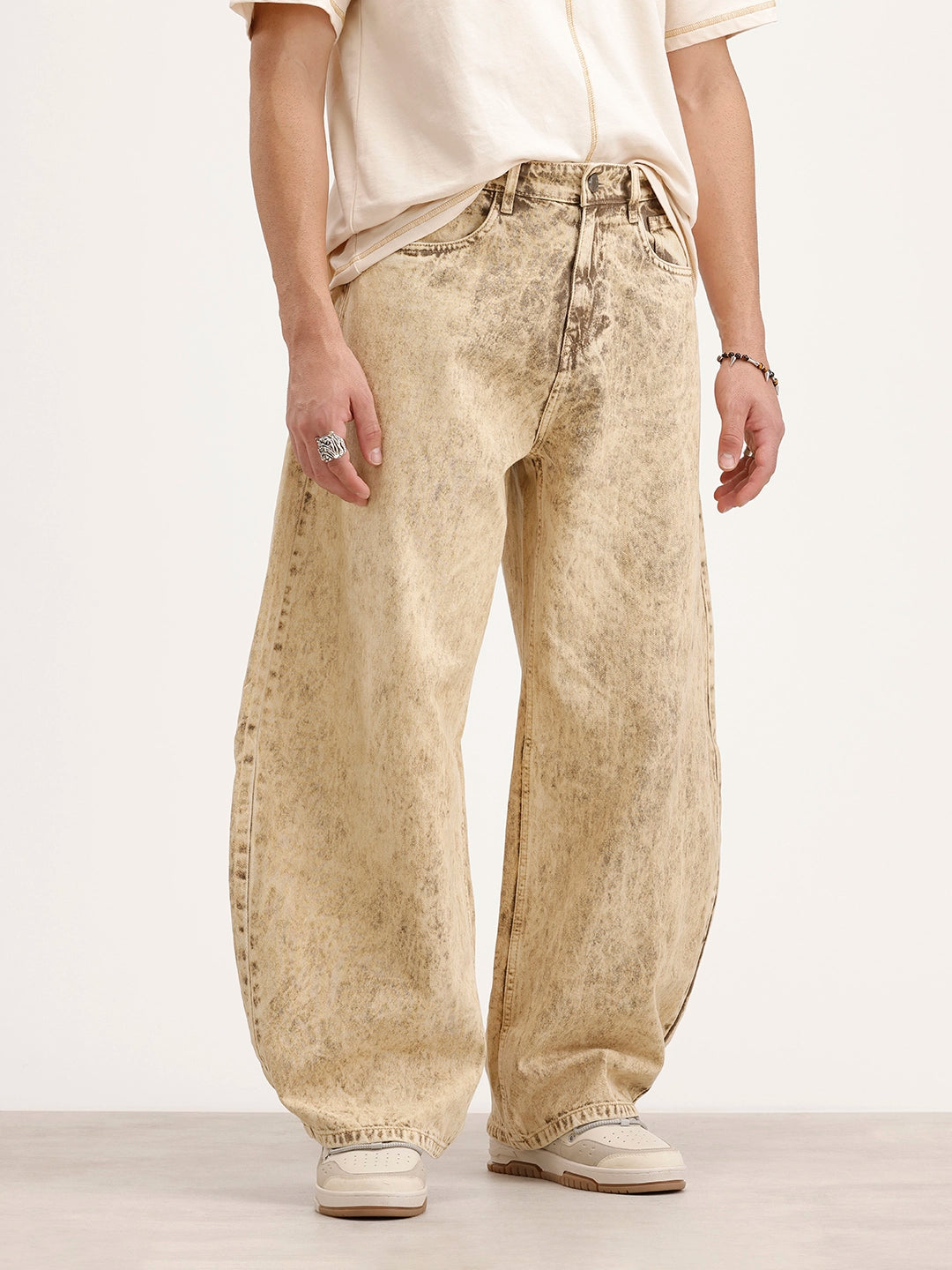 Balloon Fit Washed Denim Jeans | Khaki