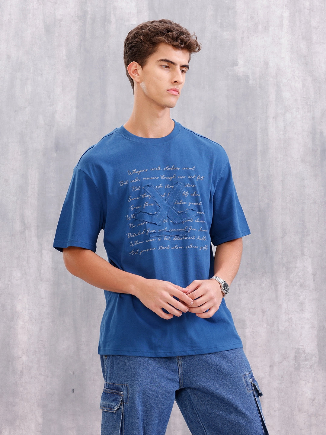 Graphic Printed Oversized Fit Brand Logo Embroidered T-shirt | Blue