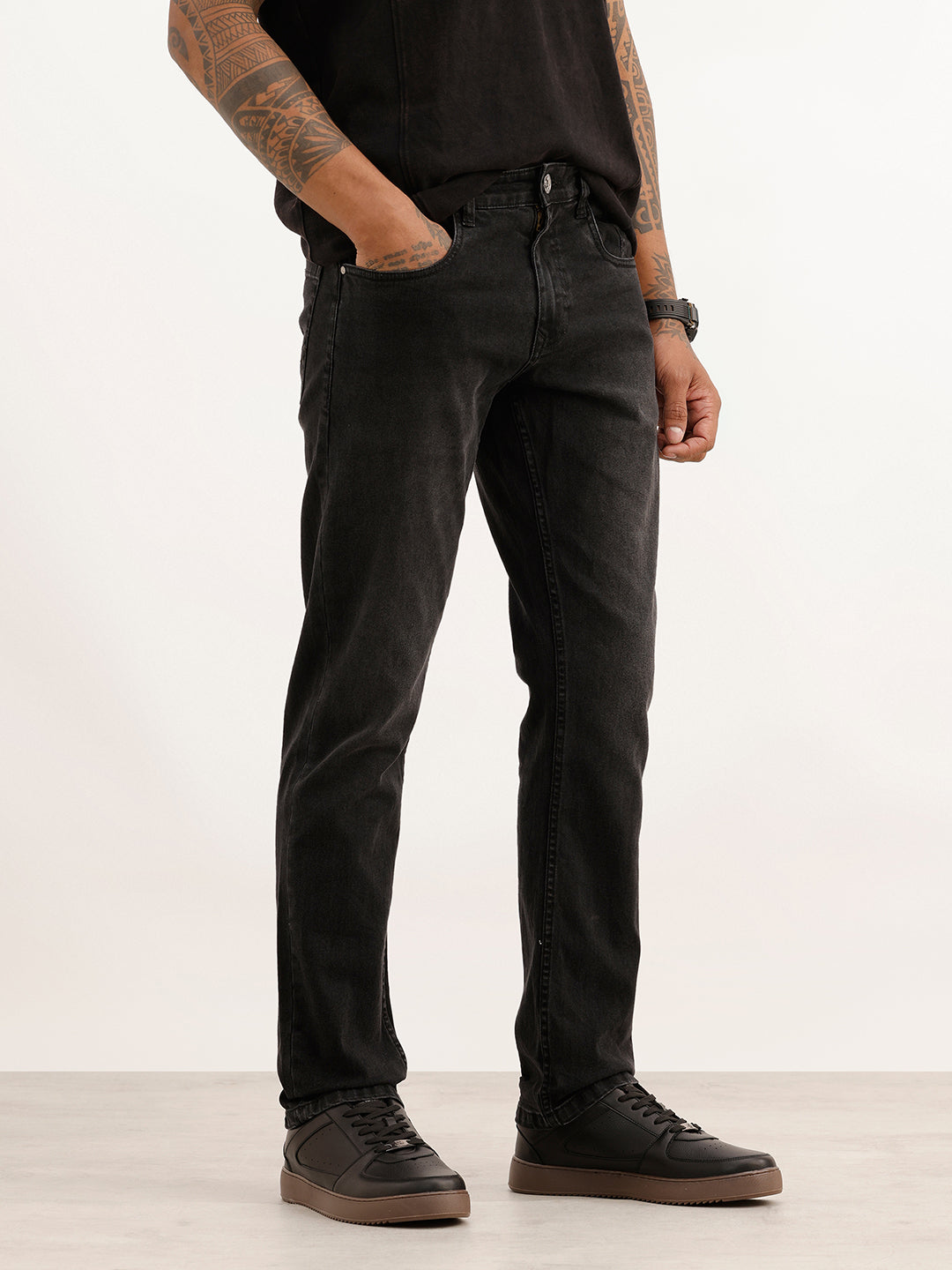 Washed Straight Fit Denim Jeans | Black