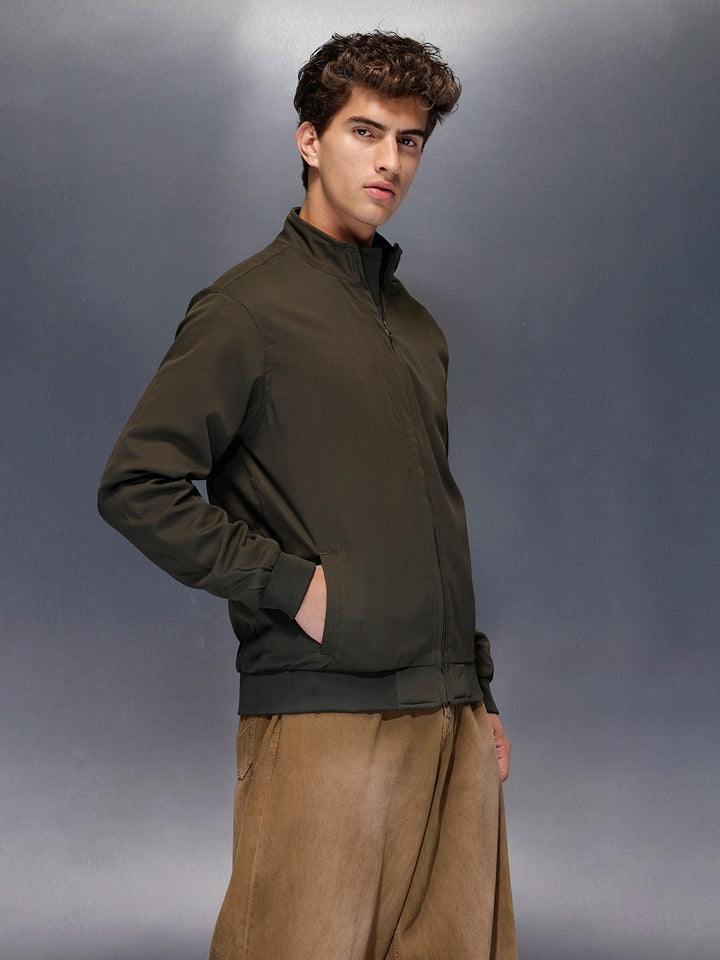 Minimal Olive Zip-Up Bomber Jacket | Olive
