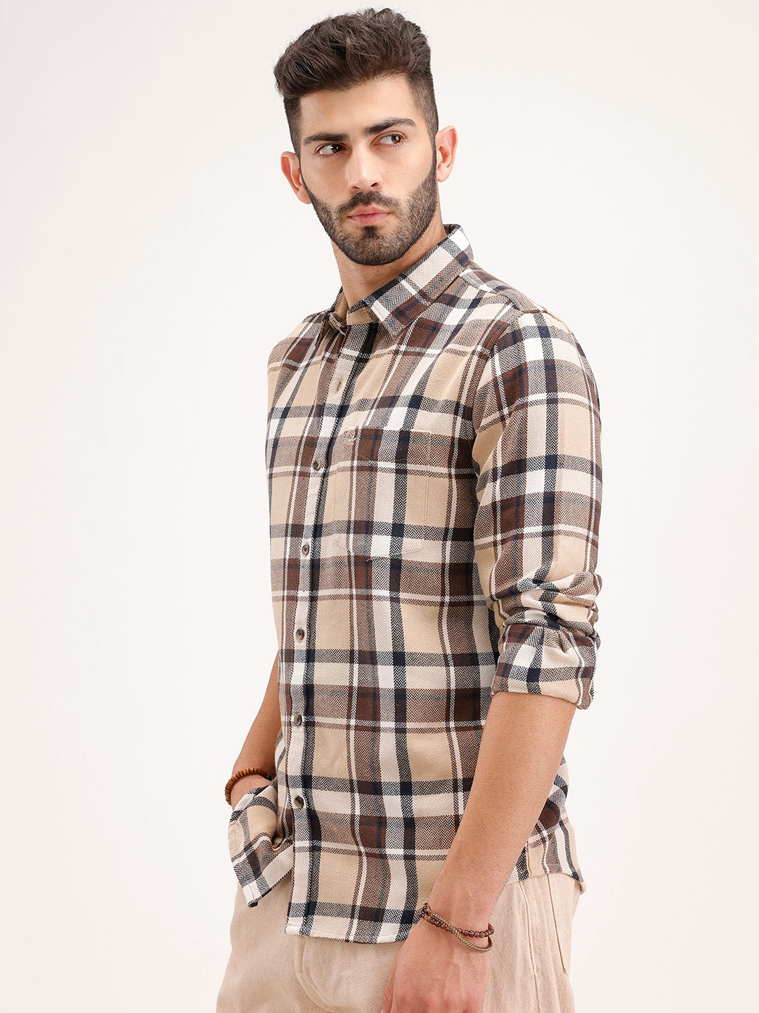 Slim Fit Herringbone Checkered Shirt | Brown