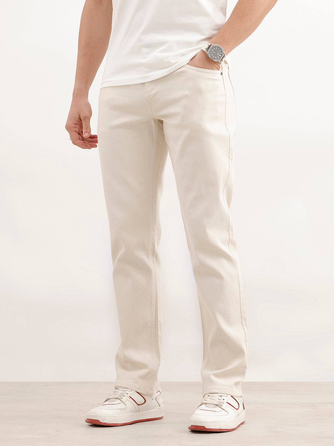 Solid Straight Fit Denim Jeans | Ecru