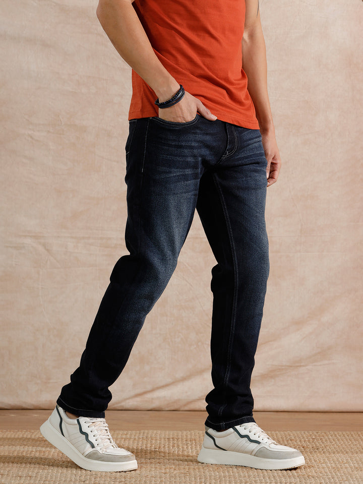 Solid Heavy Fade Slim Tapered Fit Jeans | Dark Blue