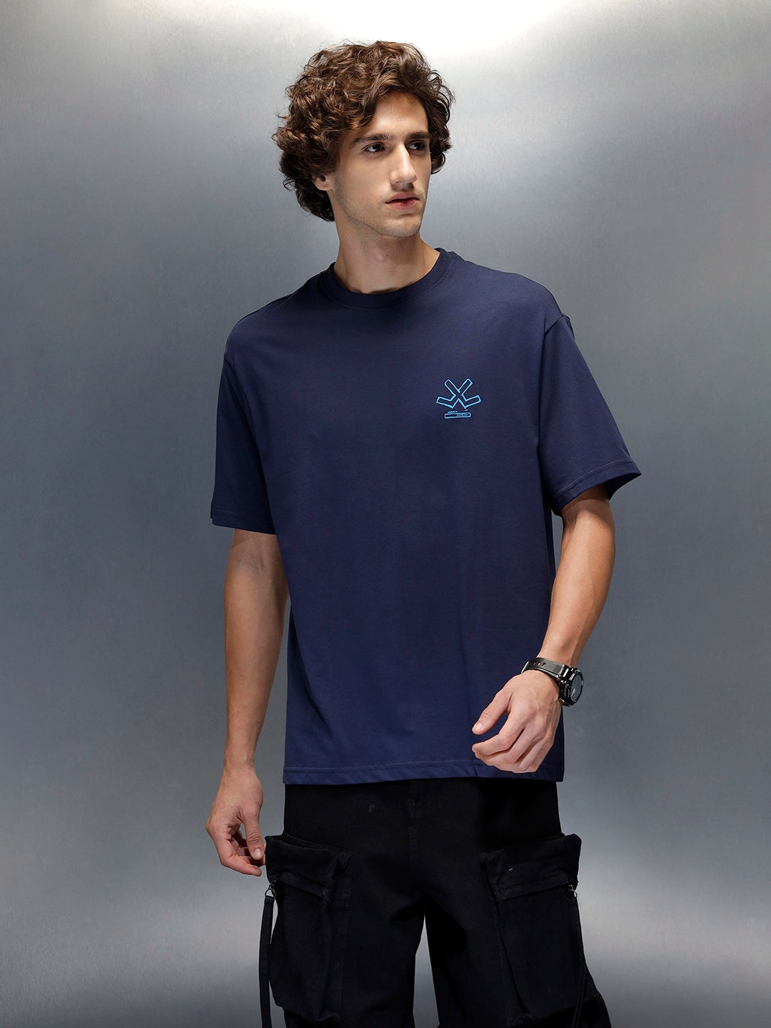 Wrogn Typography Printed Oversized T-Shirt | Navy Blue
