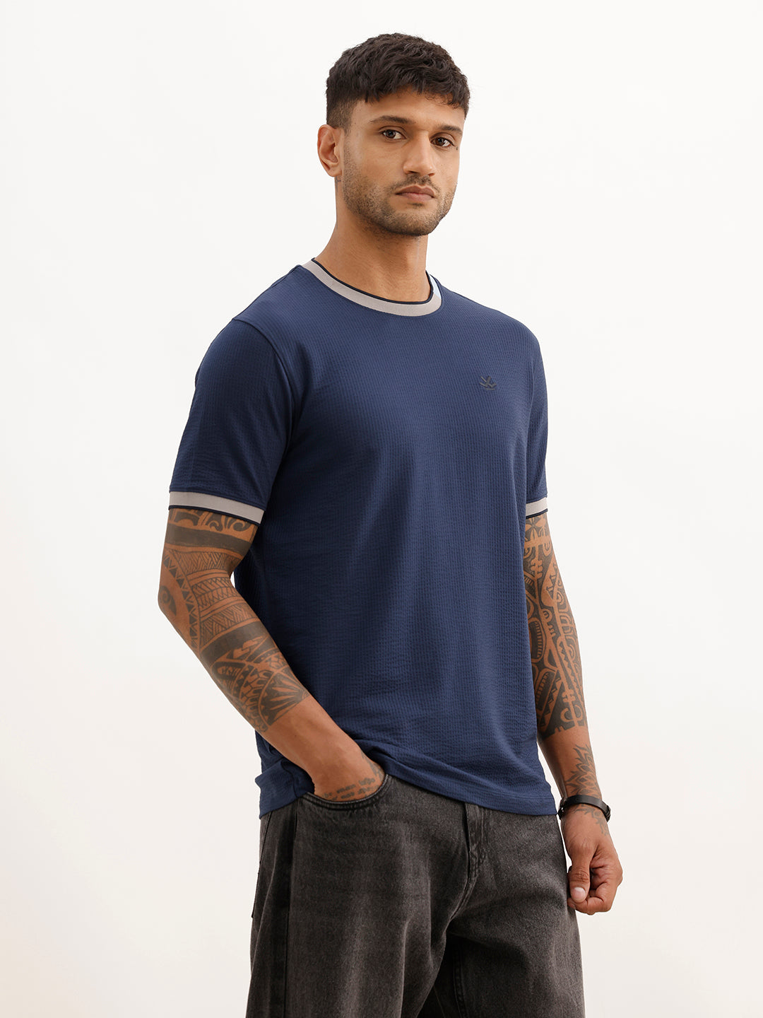 Textured Slim Fit Contrast Collar T-Shirt | Navy Blue | WTS02HSSL1222S
