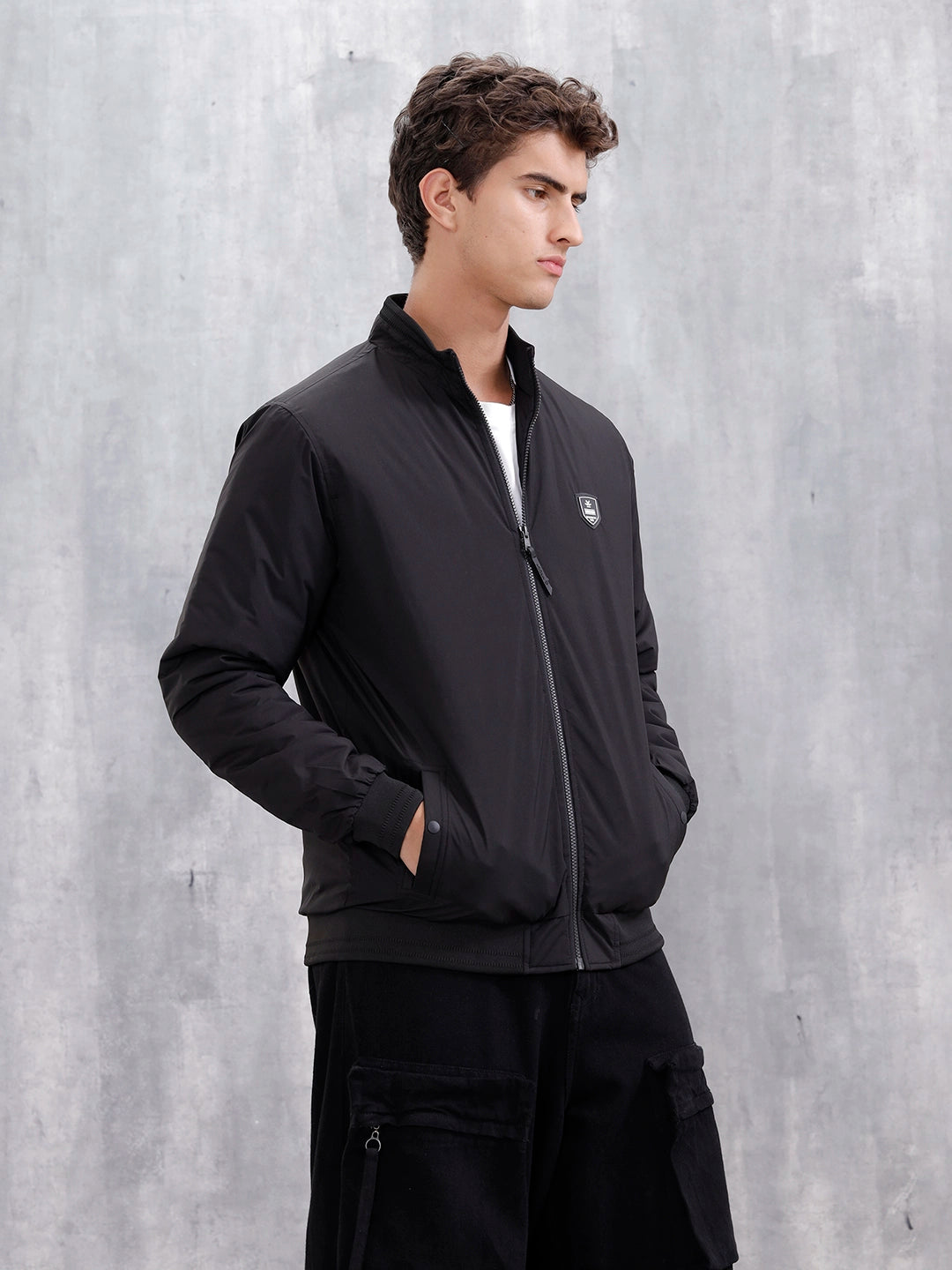 Men's Solid Casual Bomber Jacket | Black