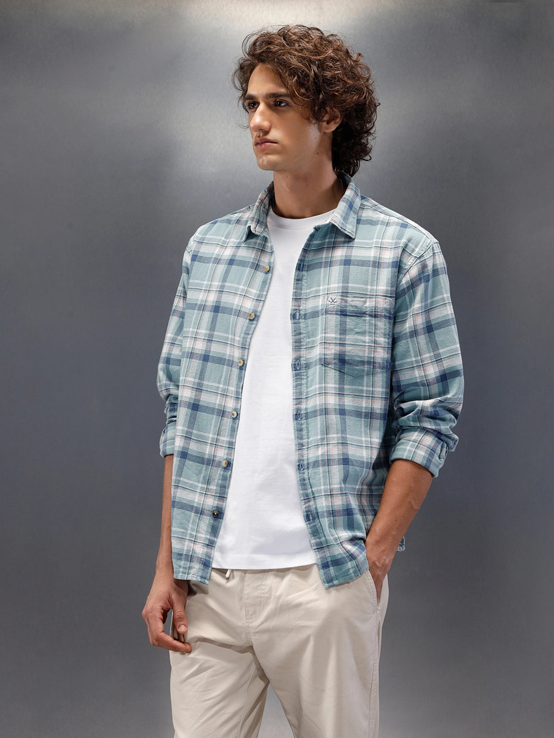 Textured Comfort Fit Checkered Pattern Shirt With Branding| Blue