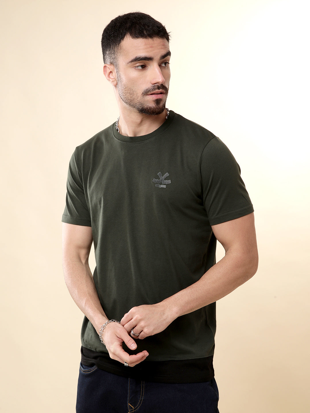 Olive Mode Solid Crew Neck T-Shirt