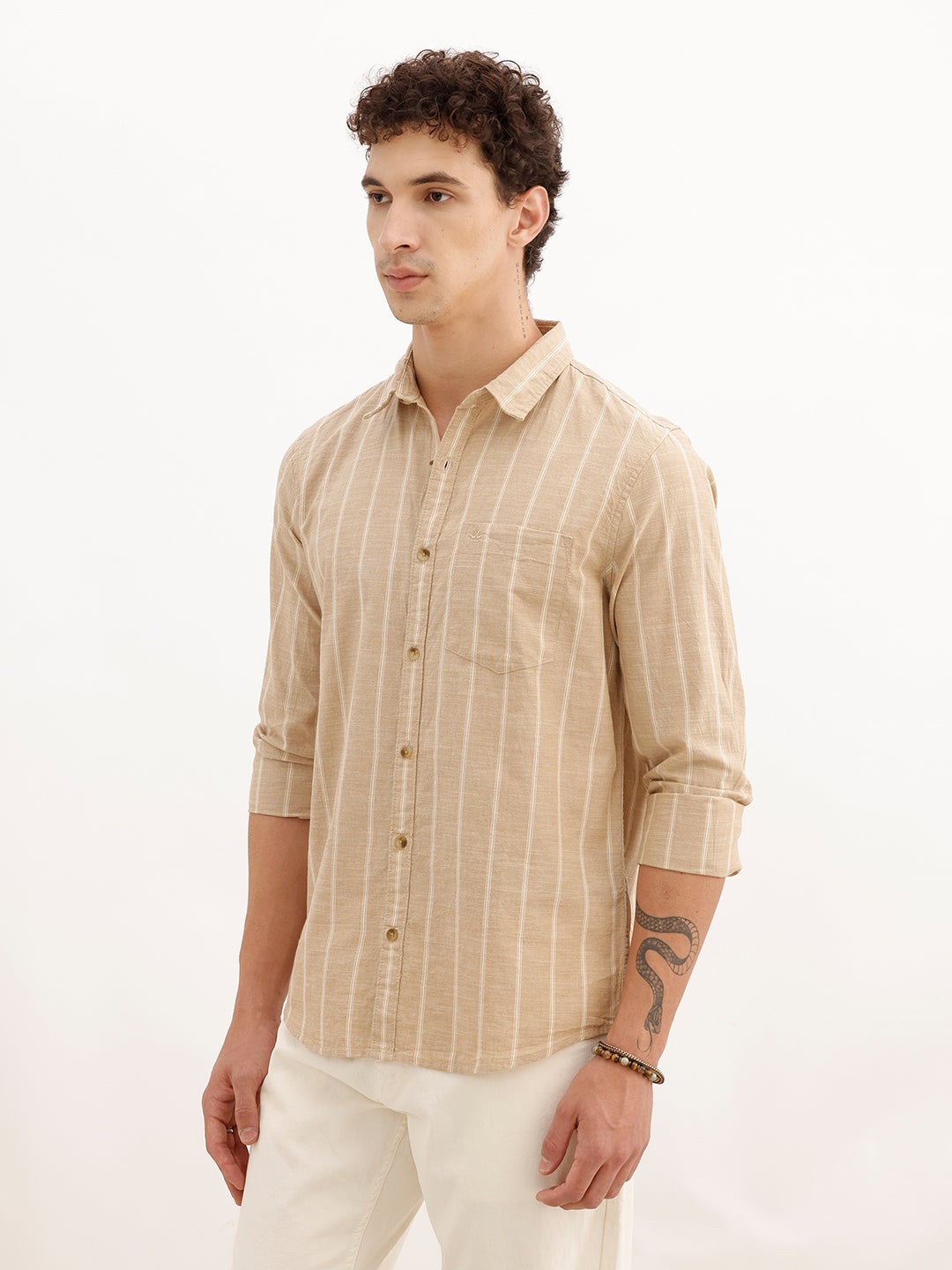 Regular Fit Full Sleeve Striped Shirt | Khaki