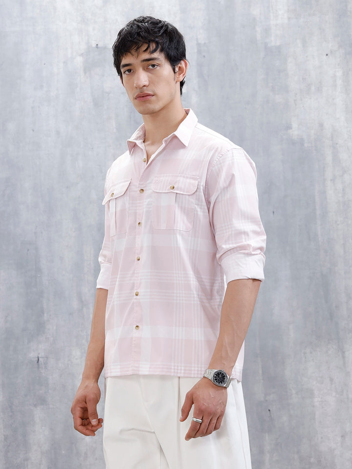 Men's Casual Double Pocket Checkered Shirt  | Pink
