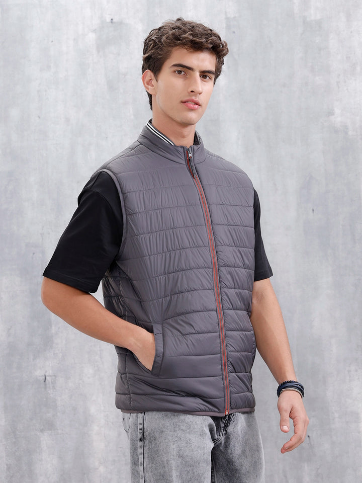 Men's Solid Casual Puffer Jacket | Grey