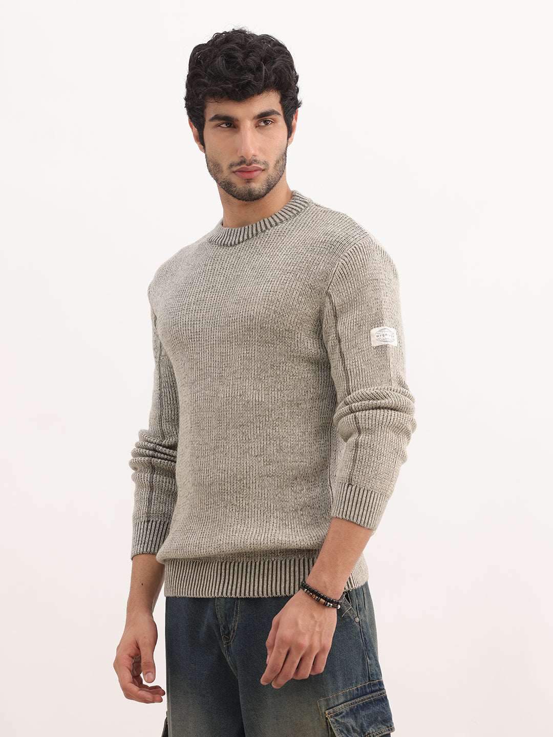 Solid Regular Fit Knitted Sweater | Beige
